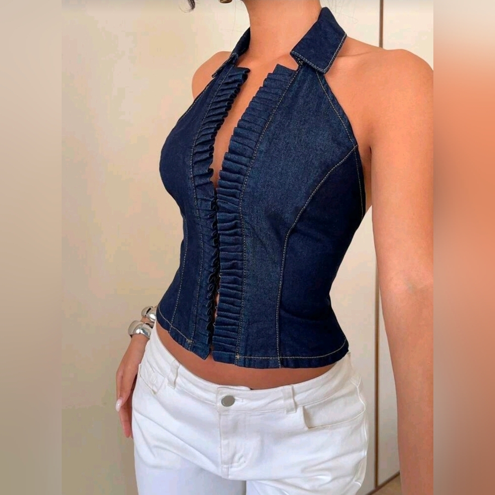 Dark Blue Denim Halter Ruffle Front Top - Picture 5 of 8